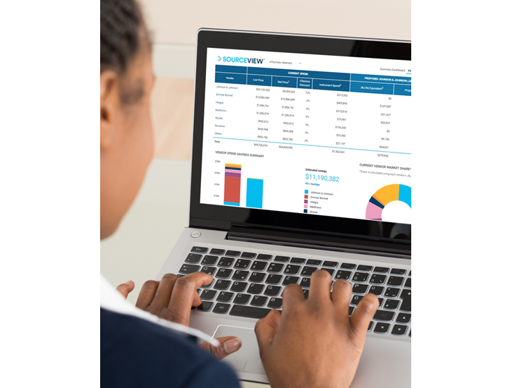 women typing on laptop displaying sourceview data and graphs