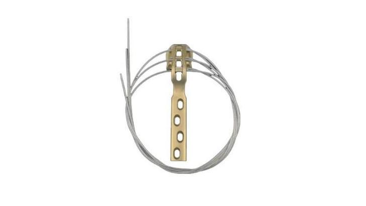The Trochanteric Reattachment Device shown with included cobalt chromium alloy cable