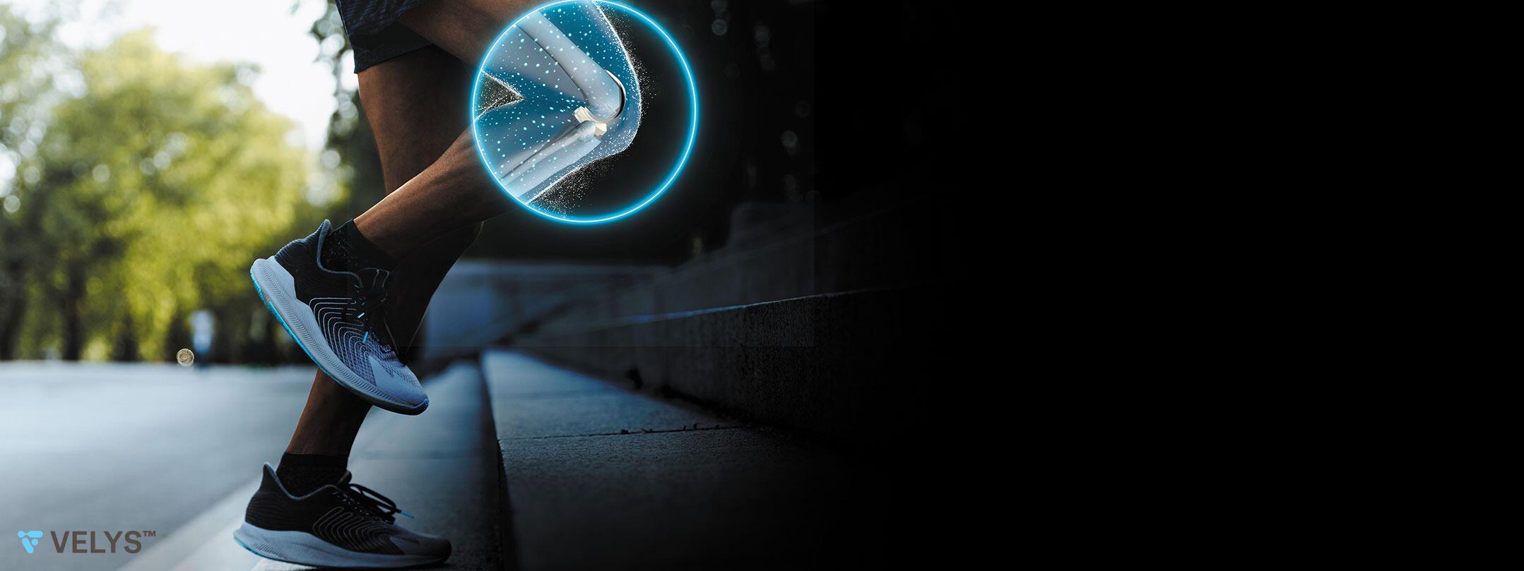 Man climbing stairs with artificial knee implant