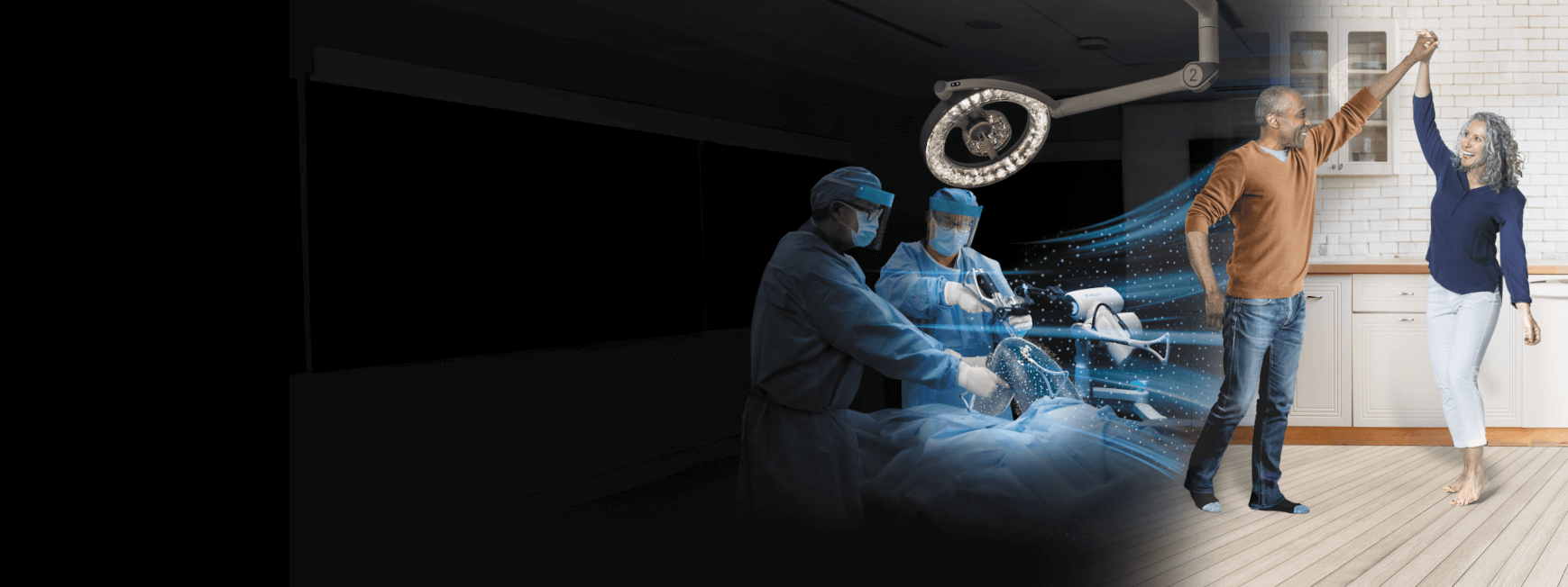 A man and woman high fiving overlaying two surgeons performing surgery
