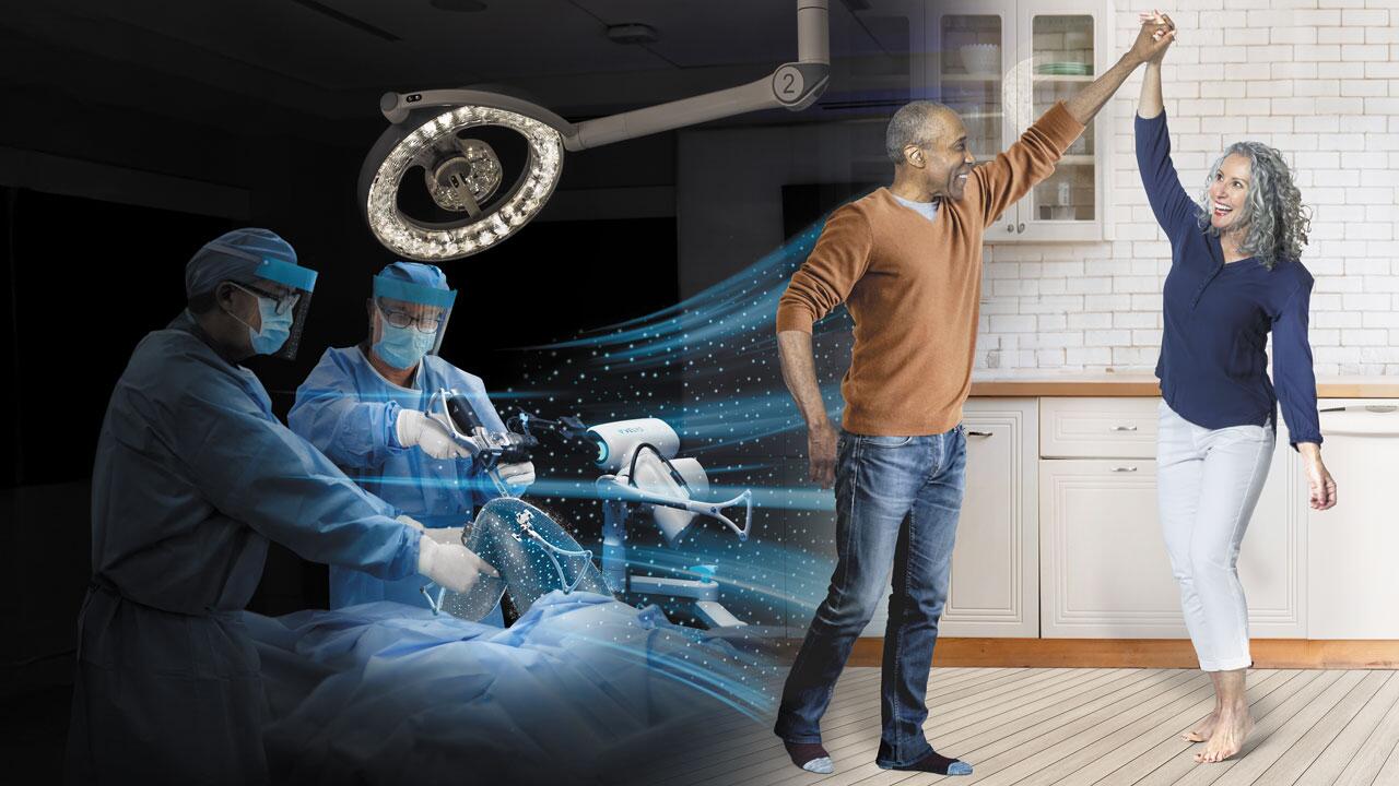 A man and woman high fiving overlaying two surgeons performing surgery