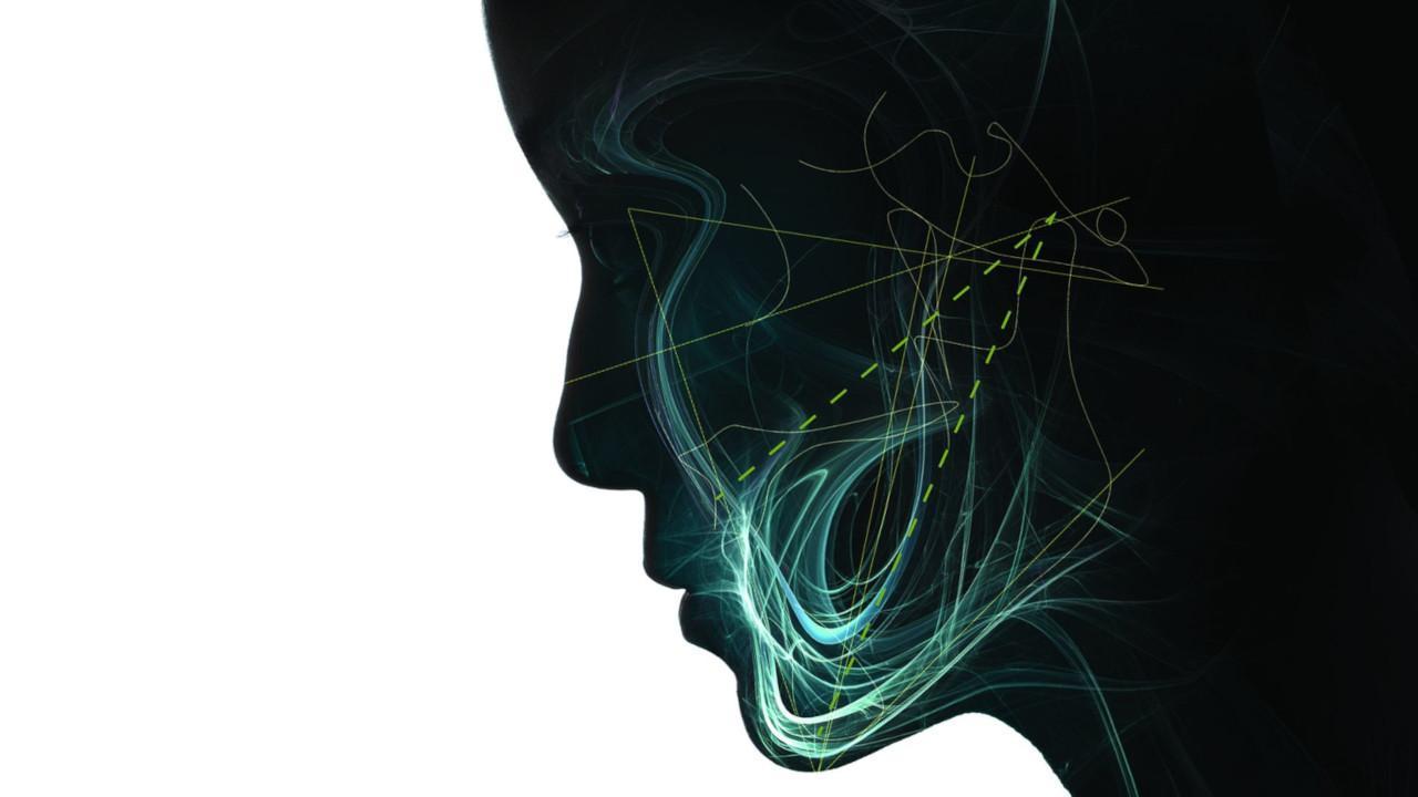 Dark tone woman profile with green smoke and yellow line graphic elements